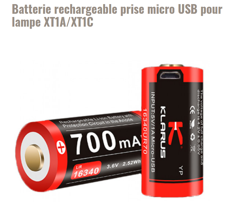 Batterie rechargeable prise micro USB pour lampe XT1A-XT1C (frais de port inclus)