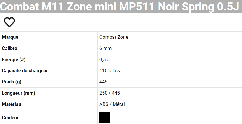 Combat M11 Zone mini MP511 Noir Spring 0.5J