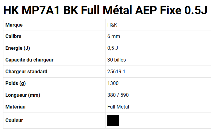 HK MP7A1 BK Full Métal AEP Fixe 0.5J